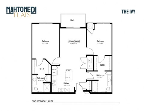 Floor plan for 2 beds, 2 baths, 1101 sqft
